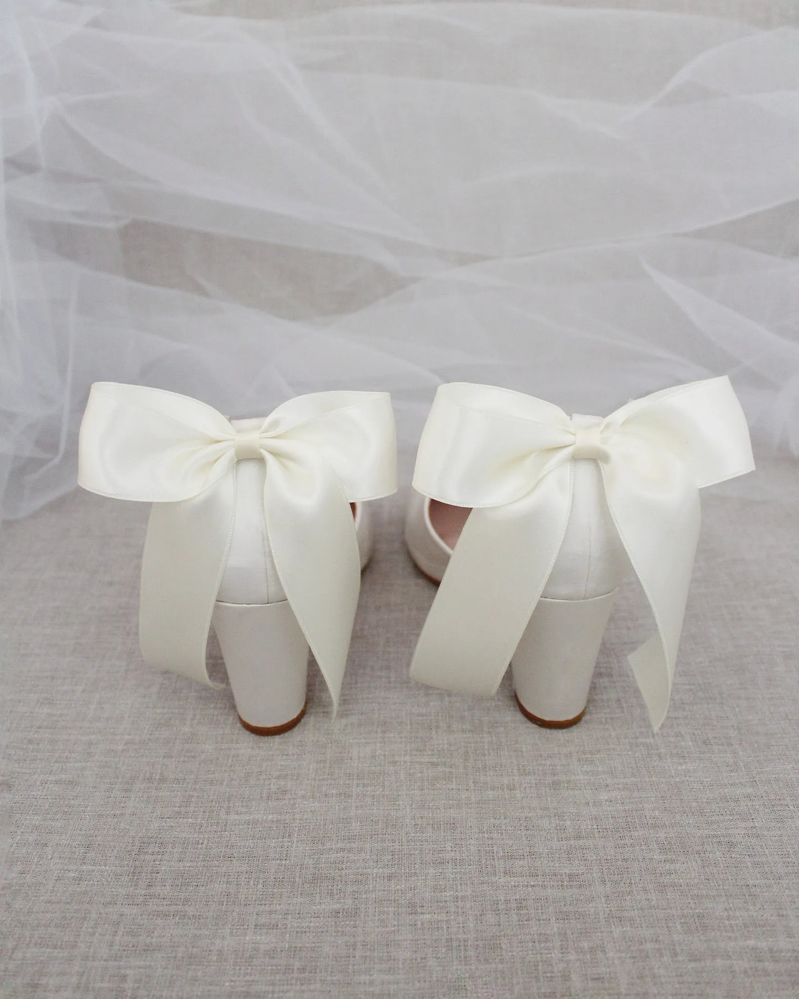 Elegant Ivory Satin Block Heel Shoes with Back Bow Detail for Women