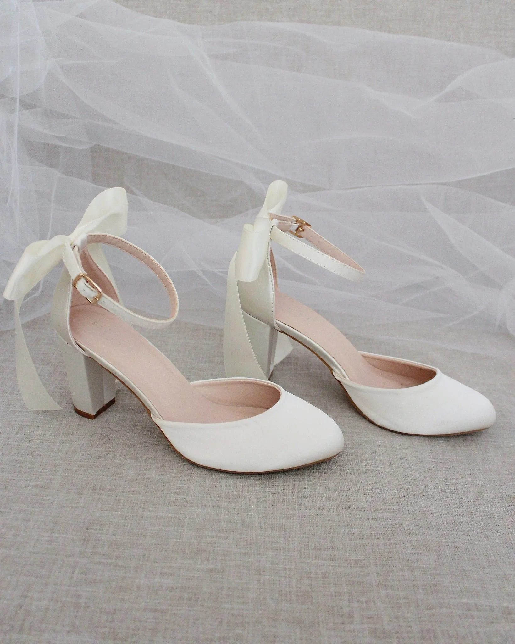 Elegant Ivory Satin Block Heel Shoes with Back Bow Detail for Women