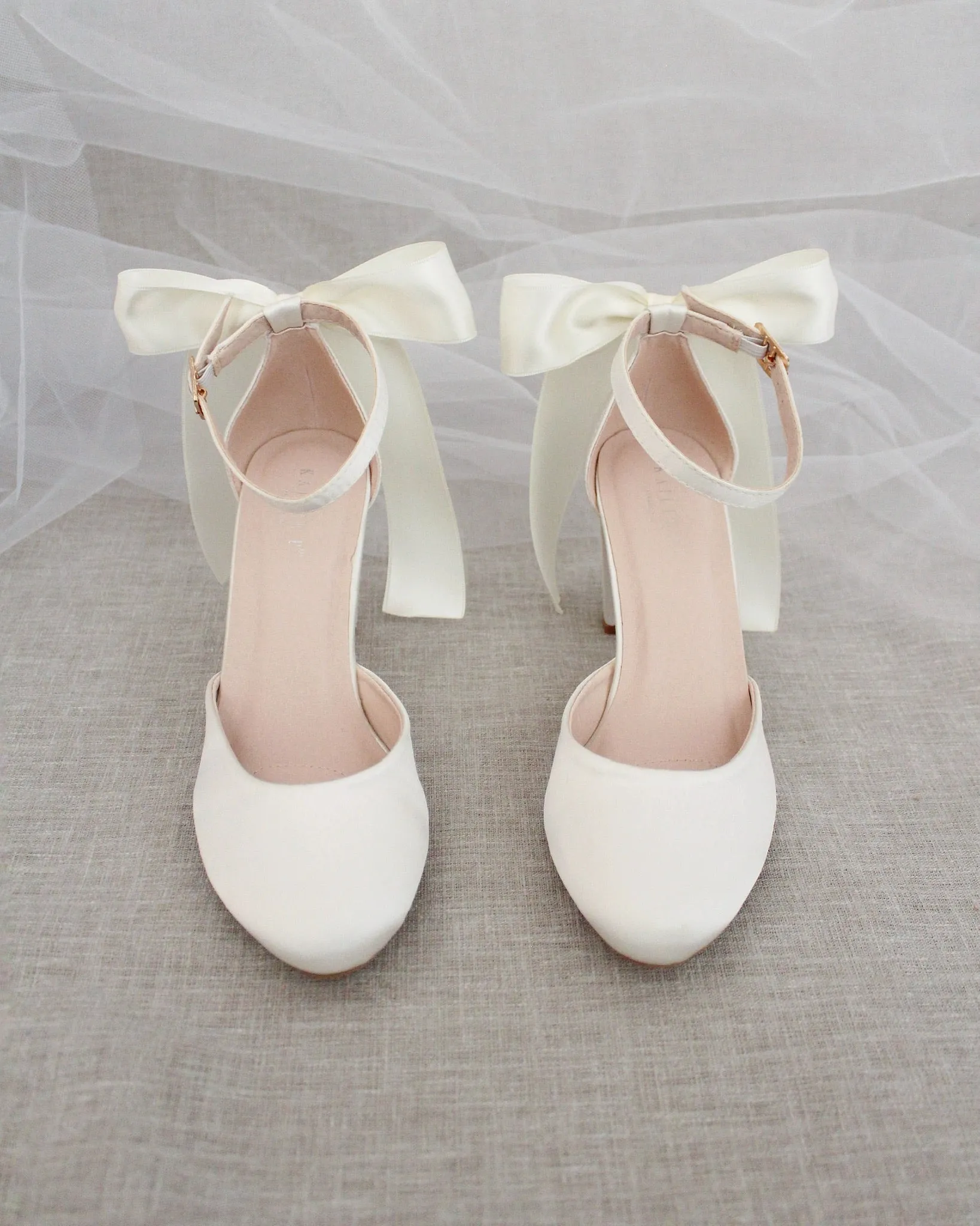 Elegant Ivory Satin Block Heel Shoes with Back Bow Detail for Women