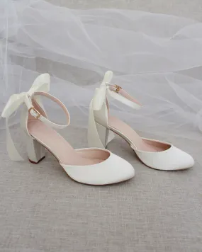 Elegant Ivory Satin Block Heel Shoes with Back Bow Detail for Women