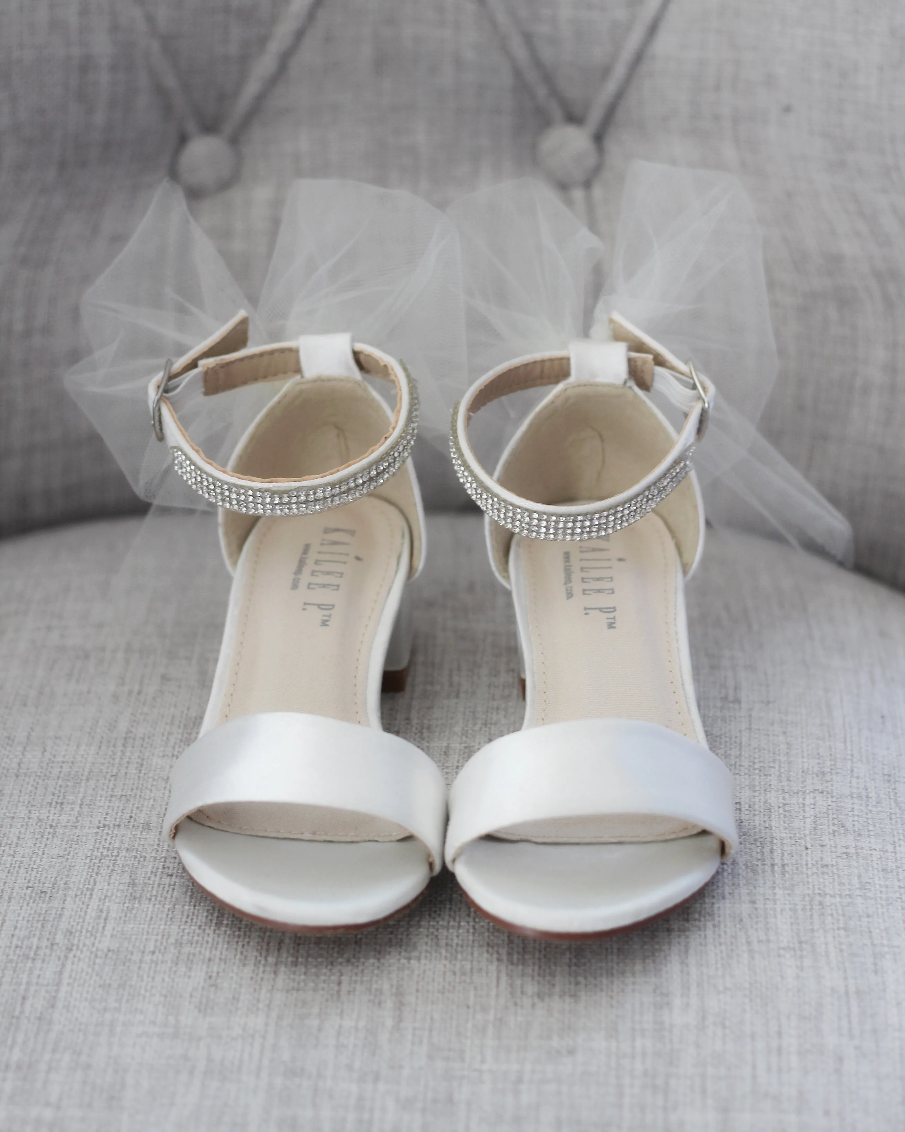 Ivory Satin Girls Block Heel Sandals with Tulle Back Bow