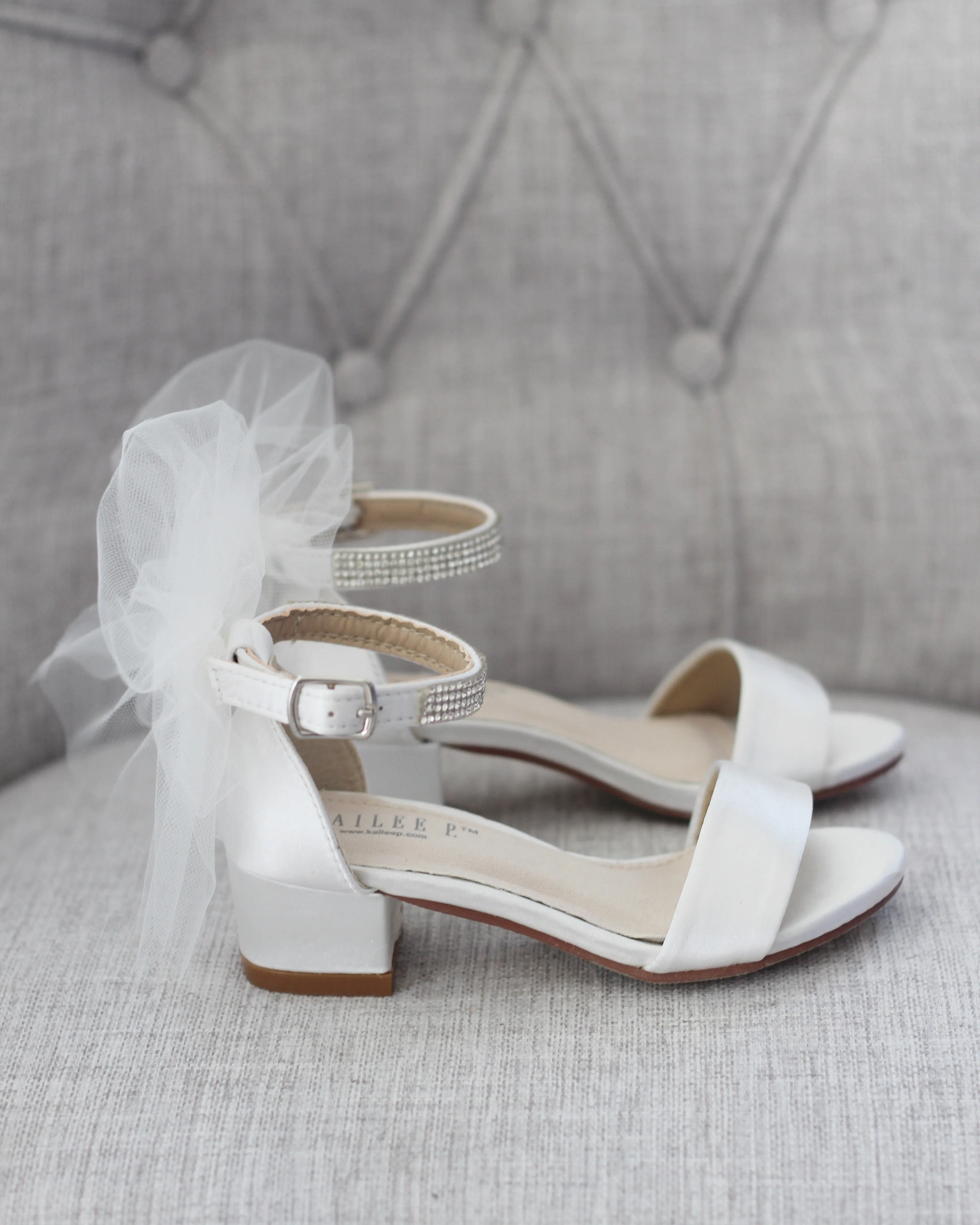 Ivory Satin Girls Block Heel Sandals with Tulle Back Bow