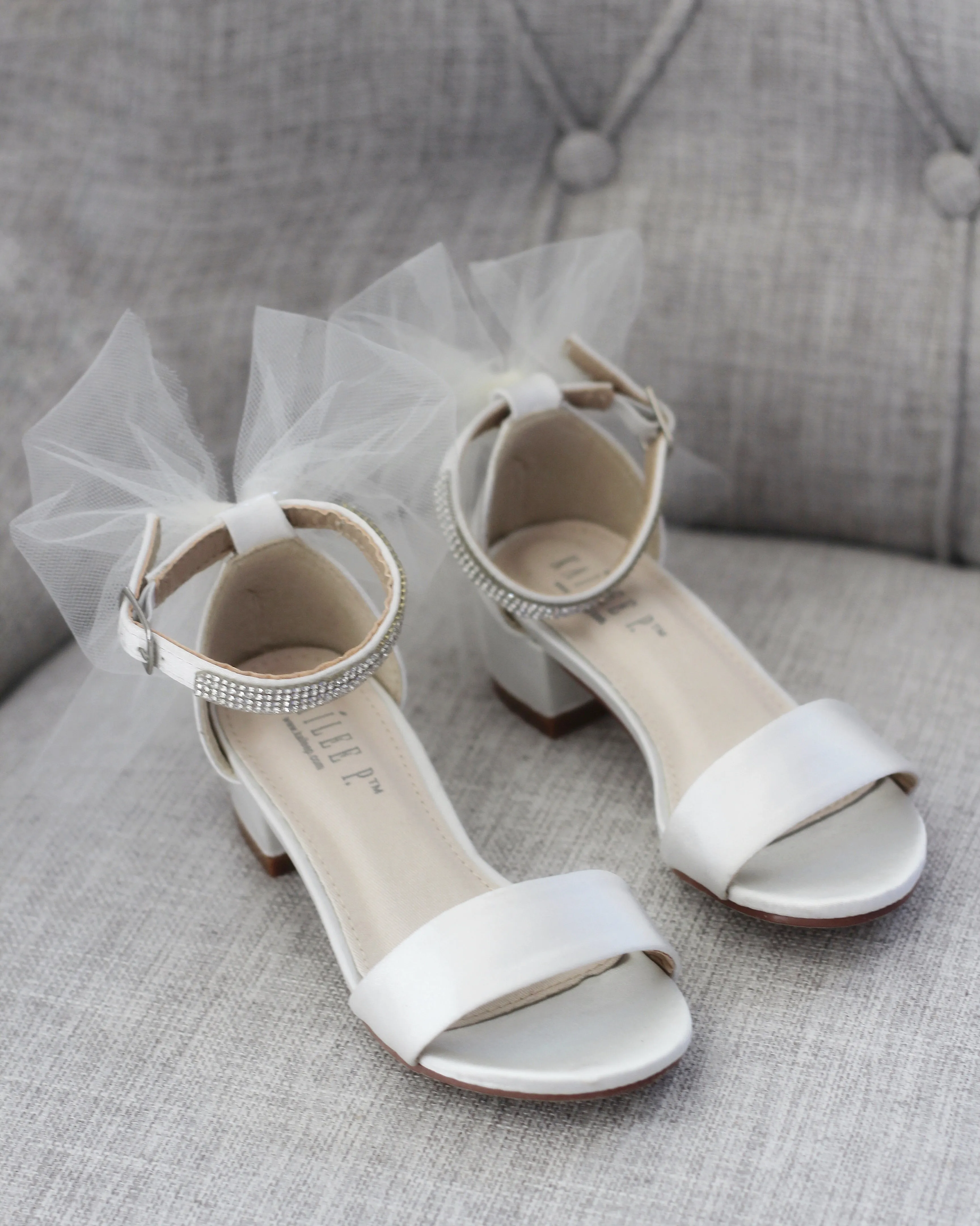 Ivory Satin Girls Block Heel Sandals with Tulle Back Bow