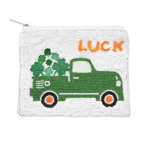 LUCKY Message Sequin Clover Truck Beaded Mini Pouch Bag