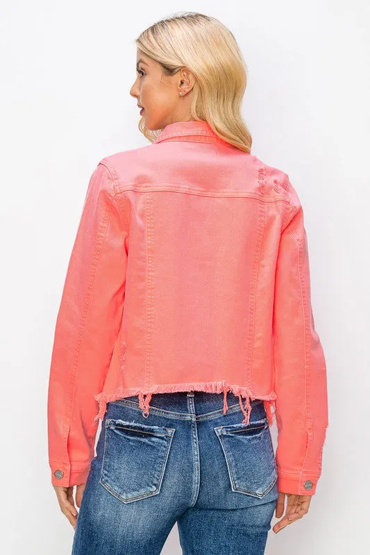 Make Me Happy Fray Hem Color Jean Jacket - Coral