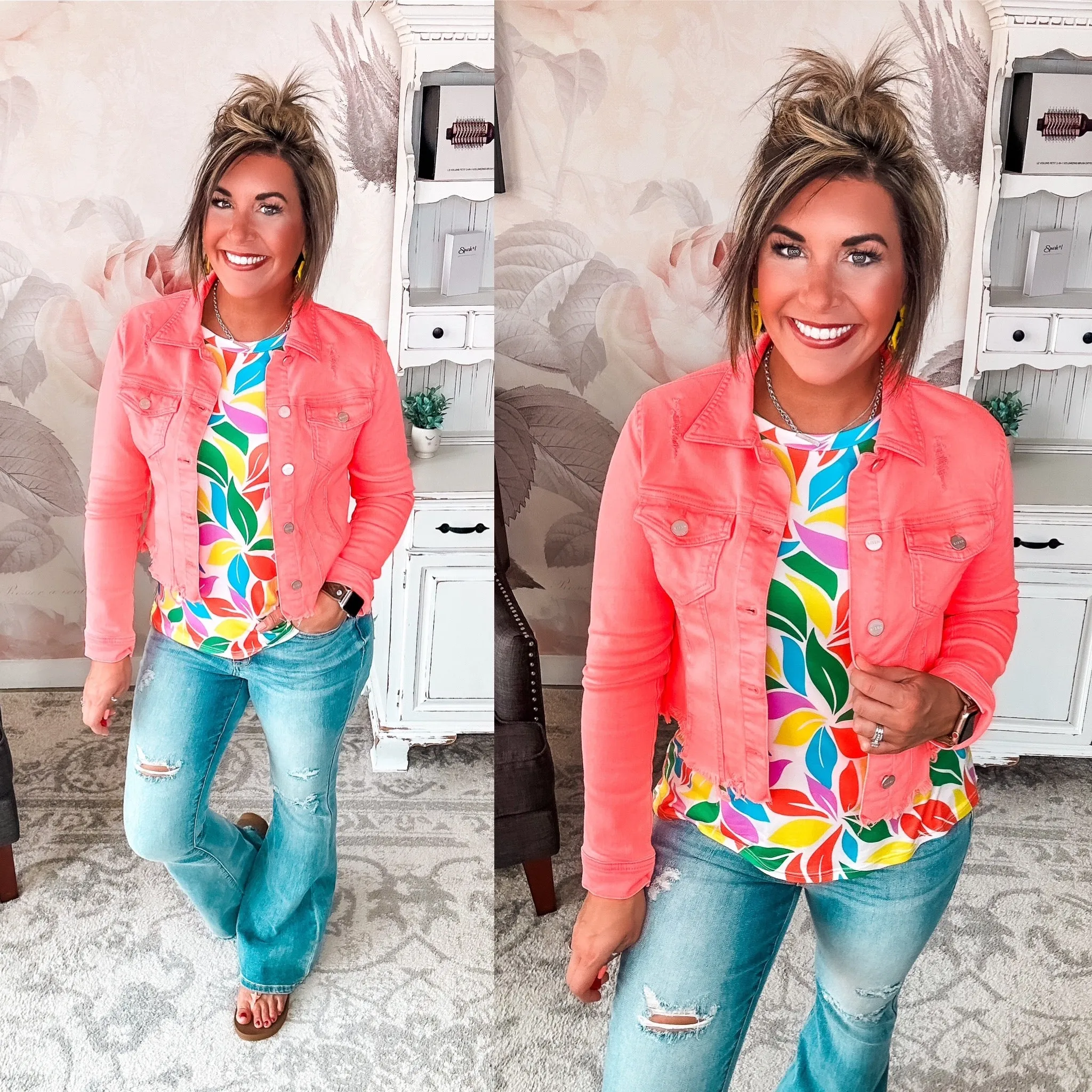 Make Me Happy Fray Hem Color Jean Jacket - Coral