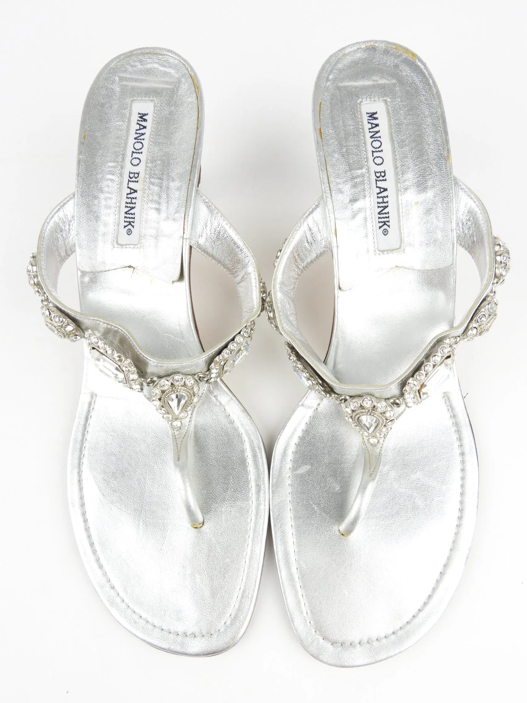 Manolo Blahnik Silver Metallic Leather and Rhinestone Kitten Heel Thong Sandals - 41