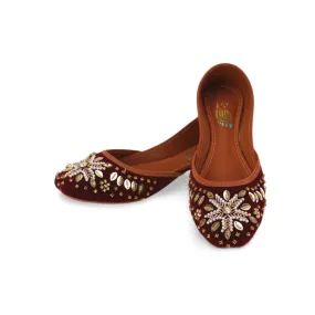 Maroon Velvet Soft Padded Rhinestone Embellished Fancy Khussa Jutti For Women