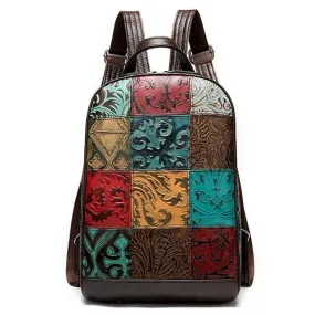 Multi-color Leather Backpack with Embossed Patterns on Patchwork Design