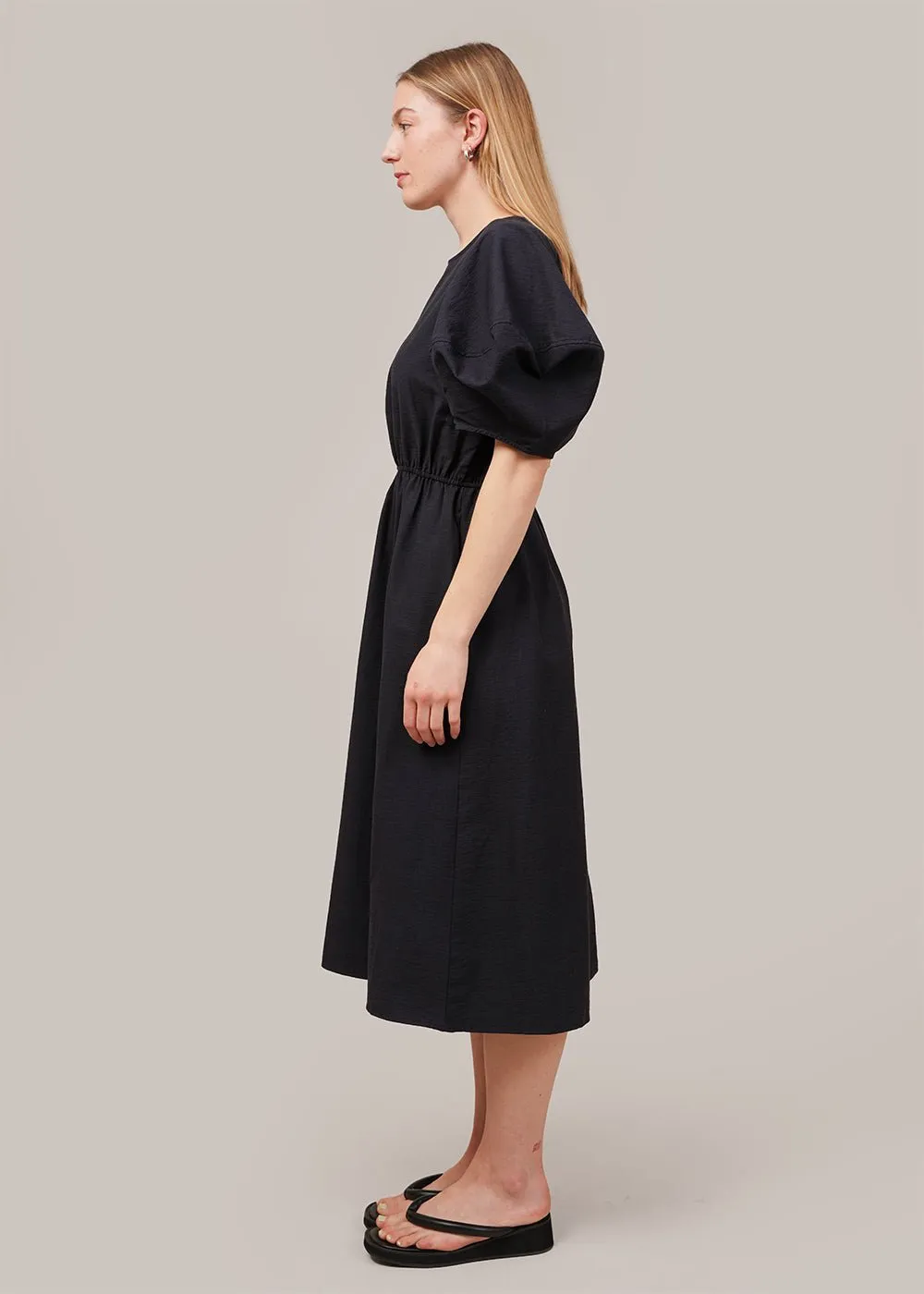 Navy Balloon Sleeve Midi Dress