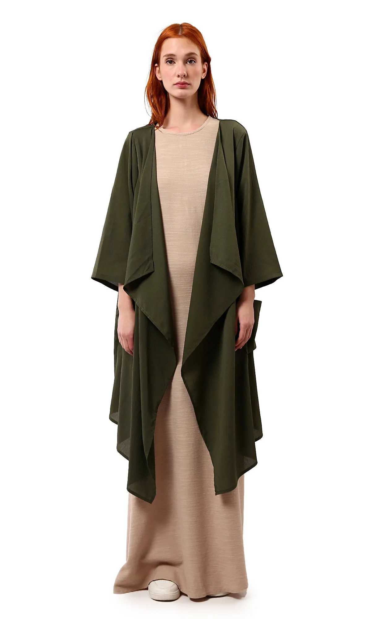 O188299 Asymmetric Neckline Loose Dark Olive Cardigan