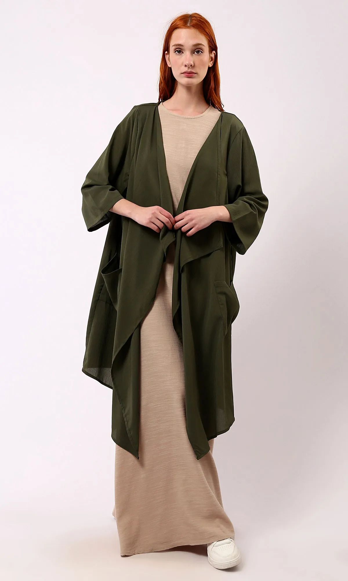 O188299 Asymmetric Neckline Loose Dark Olive Cardigan