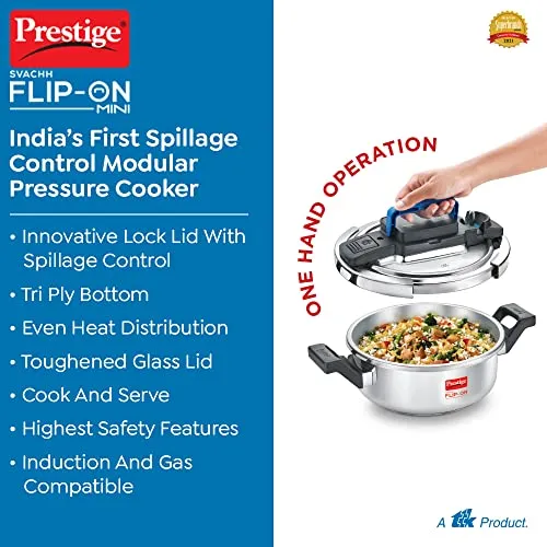 Prestige Svachh FLIP-ON MiniSS Pressure Cooker 18 cm-2 L with Glass Lid