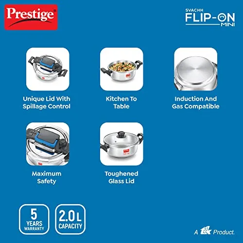 Prestige Svachh FLIP-ON MiniSS Pressure Cooker 18 cm-2 L with Glass Lid