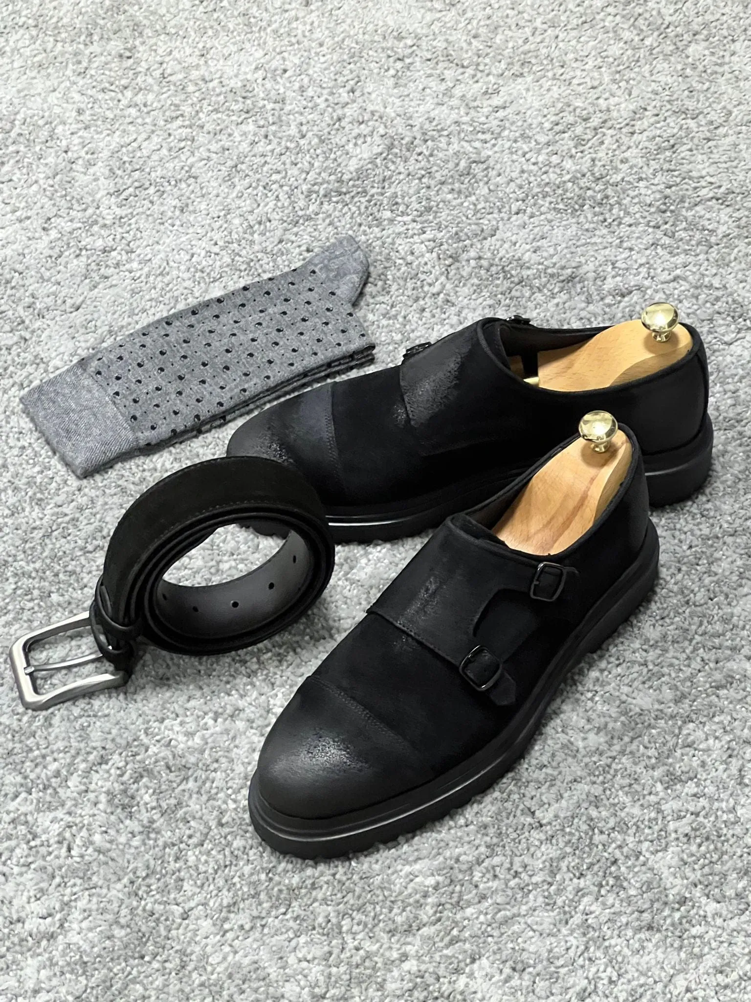 Rubber Sole Double Monk Strap Suede Leather Black Shoes