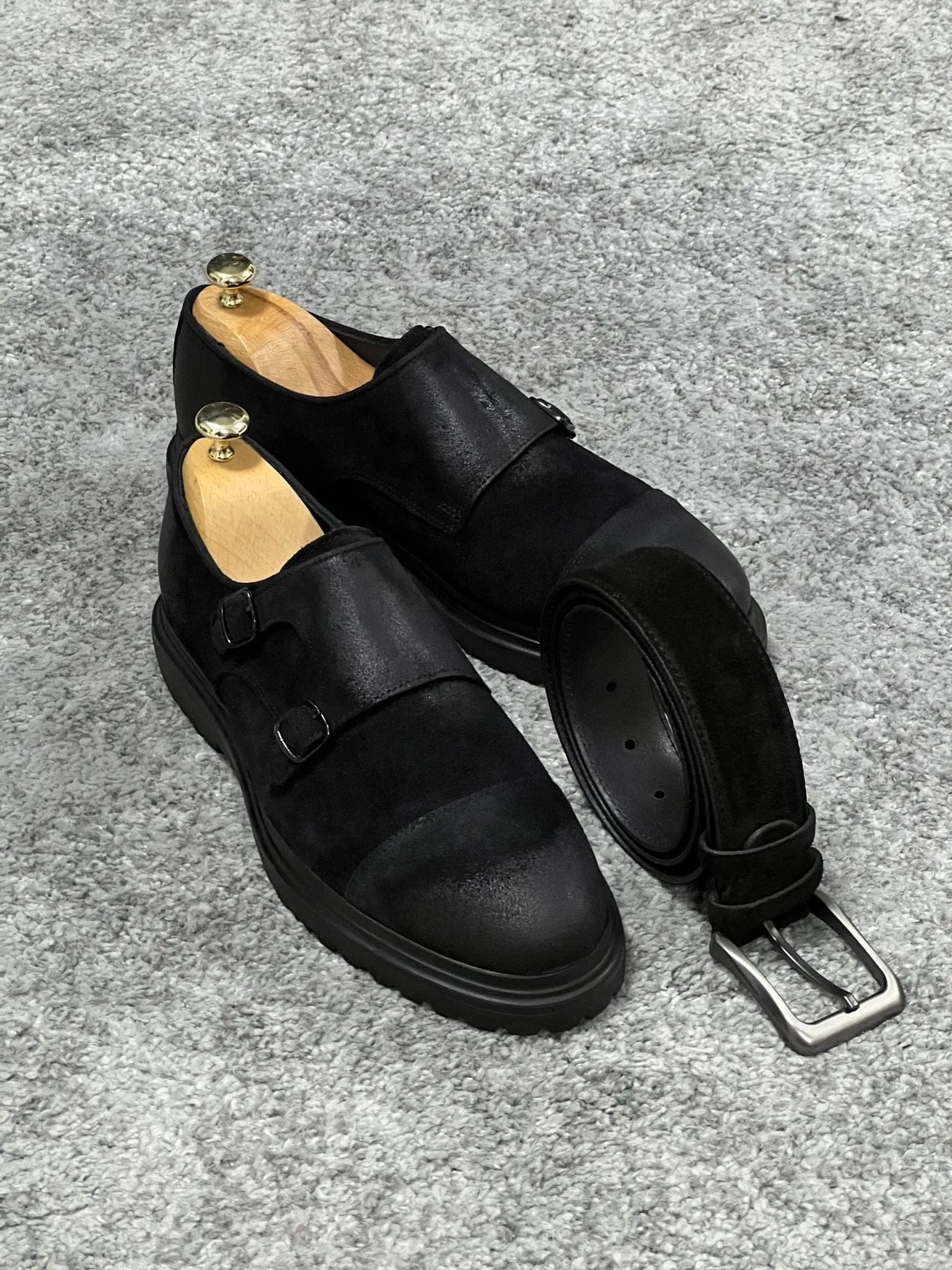 Rubber Sole Double Monk Strap Suede Leather Black Shoes