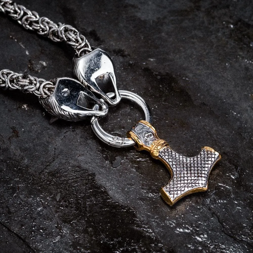 Stainless Steel Dual Color Mjolnir on Woven Stainless Steel Kings Chain