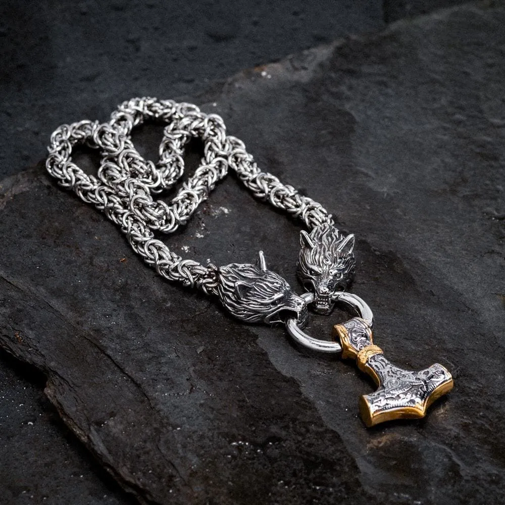 Stainless Steel Dual Color Mjolnir on Woven Stainless Steel Kings Chain