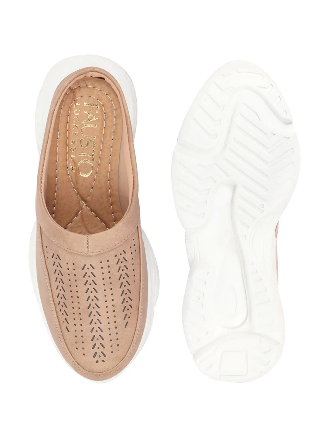 Women Beige Laser Cut Design Stitched Back Open Slip On Mules Shoes