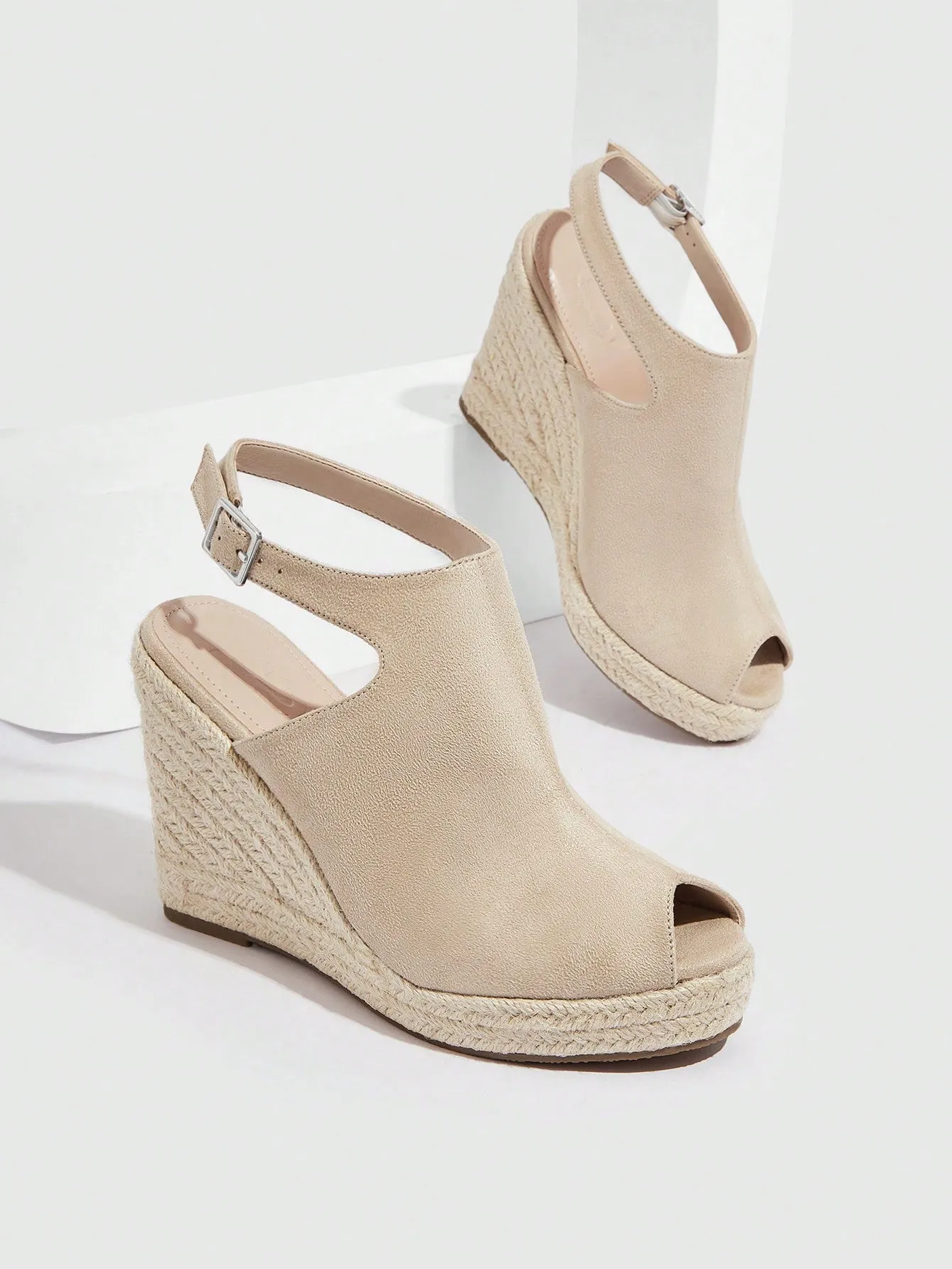 Women Buckle Decor Peep Toe Court Wedges, Vacation Apricot Faux Suede Shoes