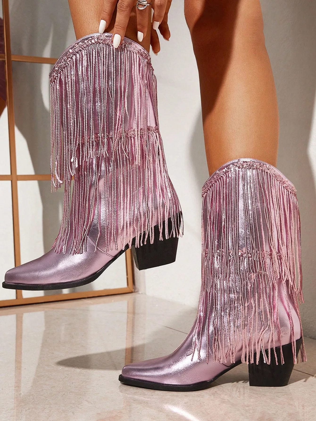 Women Shoes Ladies' Gorgeous & Fashionable Casual Western Boots With Tassel Decoration & Chunky Heel, Metallic Finish Valentines Day