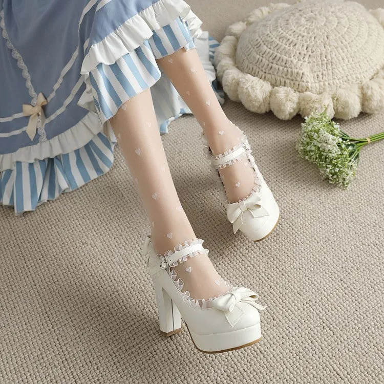 Women's Lolita Bow Tie Almond Toe Lace Mary Janes Chunky Heel Platform Pumps