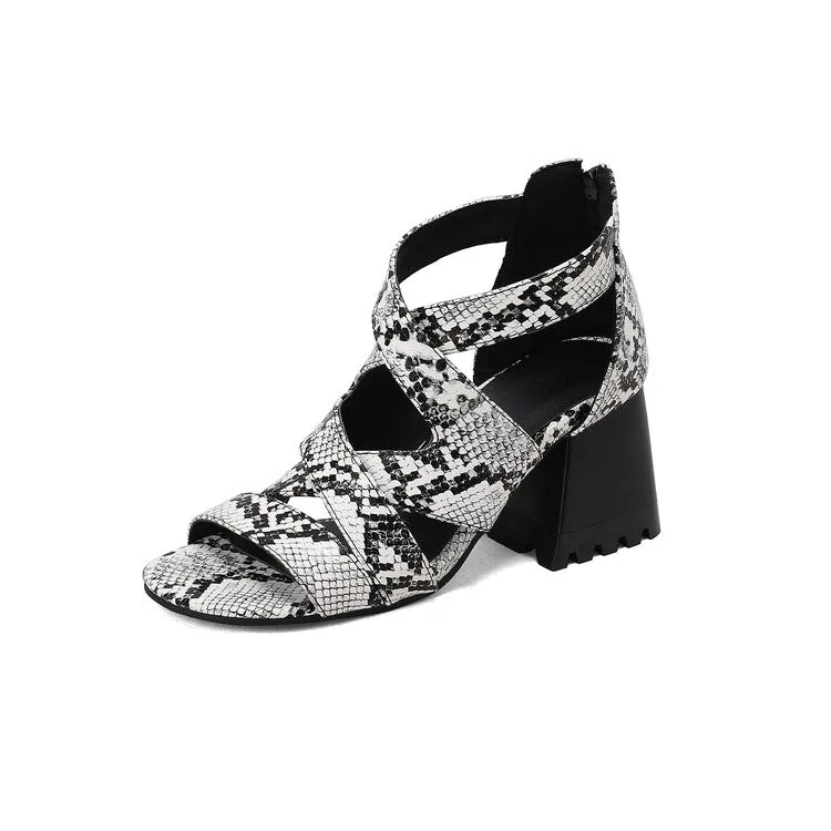 Women's Snake-print Open Toe Cutout Block Chunky Heel Sandals