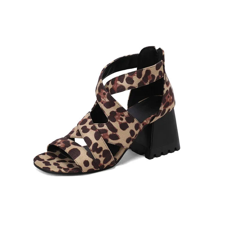 Women's Snake-print Open Toe Cutout Block Chunky Heel Sandals